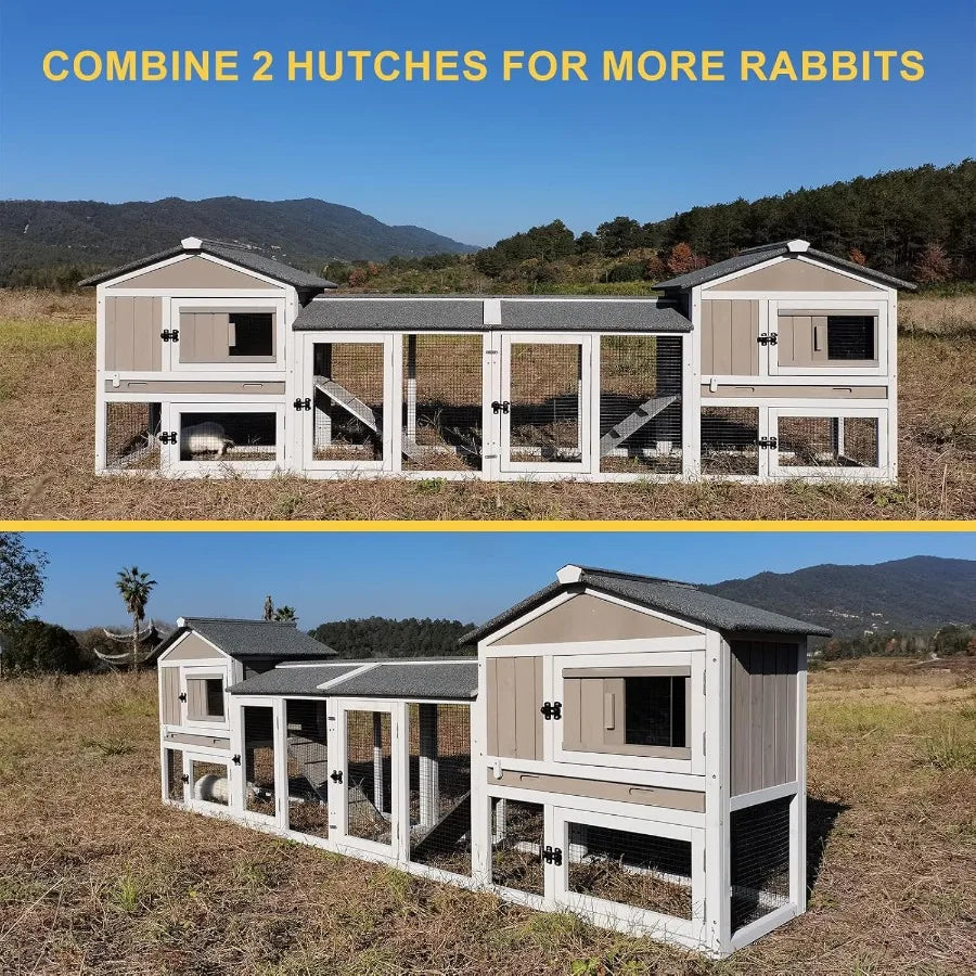 114 L Rabbit Hutch Indoor and Outdoor 2-Story Rabbit Cage with Pull Out Tray Fir Wood Guinea Pig Cages with Wooden Ramp Waterpr