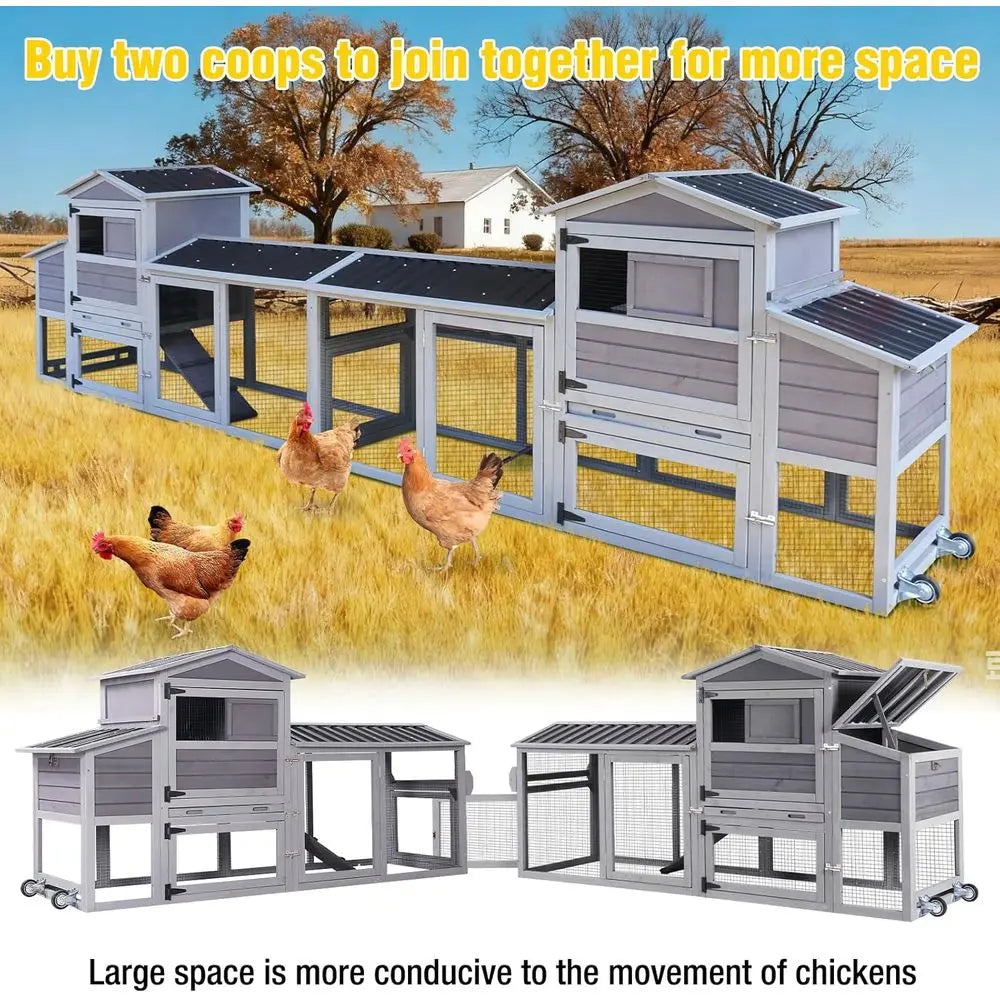 Portable 80 Chicken House with Wheels, Nesting Box, and Outdoor Run for Poultry
