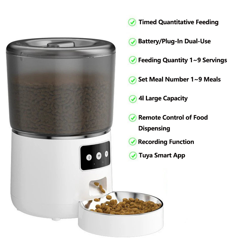Automatic Cat Feeders, 4L Timed Cat Dry Food Dispenser, Dual Power Supply, Programmable Portion Control, Auto Pet Feeder