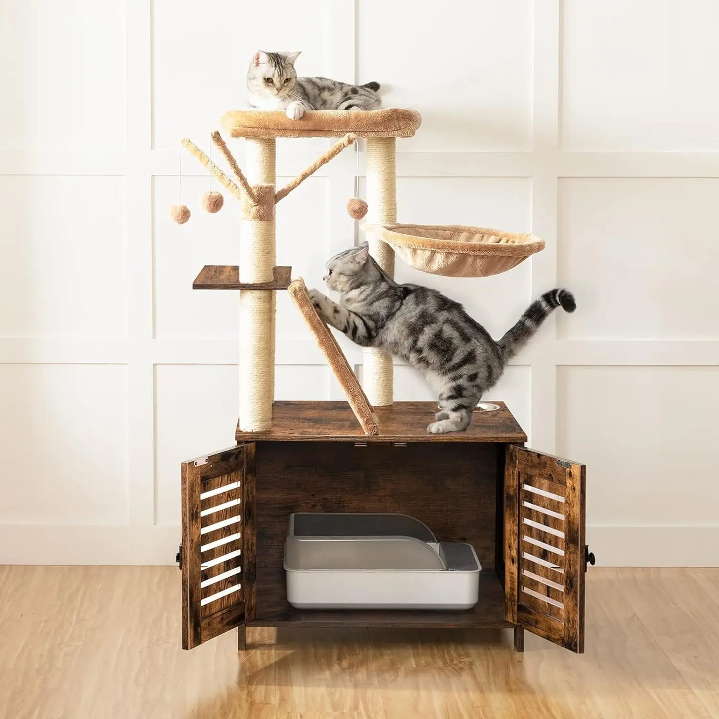 Cat Tree Tower with Box Enclosure Wooden Cat Condo with Scratching Posts Wooden Cat Box