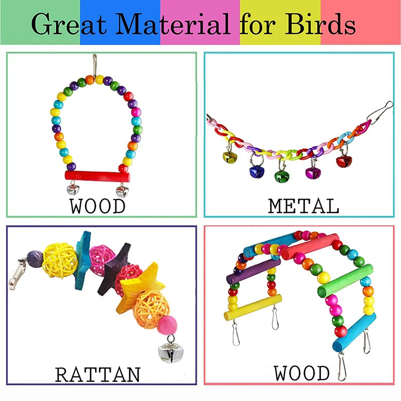 7PCS Bird Toy Wood Parrot Toys Set Cage Bird Accessories Swing Suspension Bridge Ball Cage Bells Pet Supplies