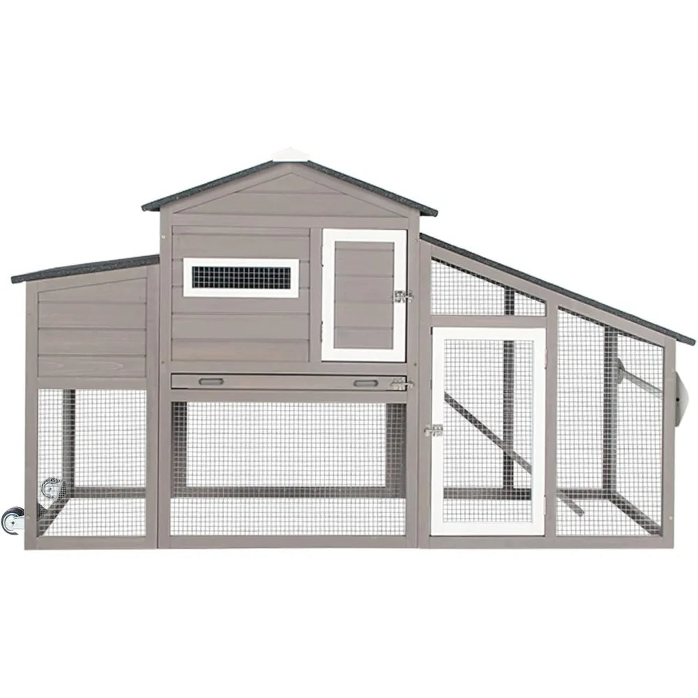 Large Outdoor Chicken Coop with Mobile Nesting Box, Backyard Wooden Poultry House, UV-Resistant Asphalt Roof