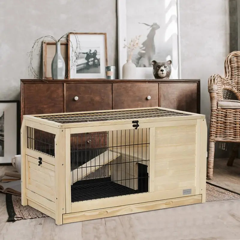 Indoor Wooden Rabbit Hutch for Small Pets with Plastic Tray - Perfect Bunny House for Your Furry Friends