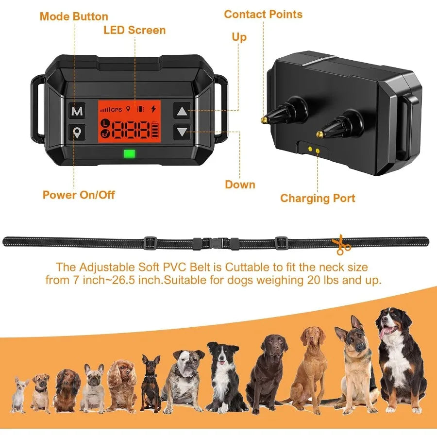 GPS Wireless Dog Fence with GPS Waterproof Pet Containment System Range 992997FT Adjustable Strength for Outdoor Dogs Harmless