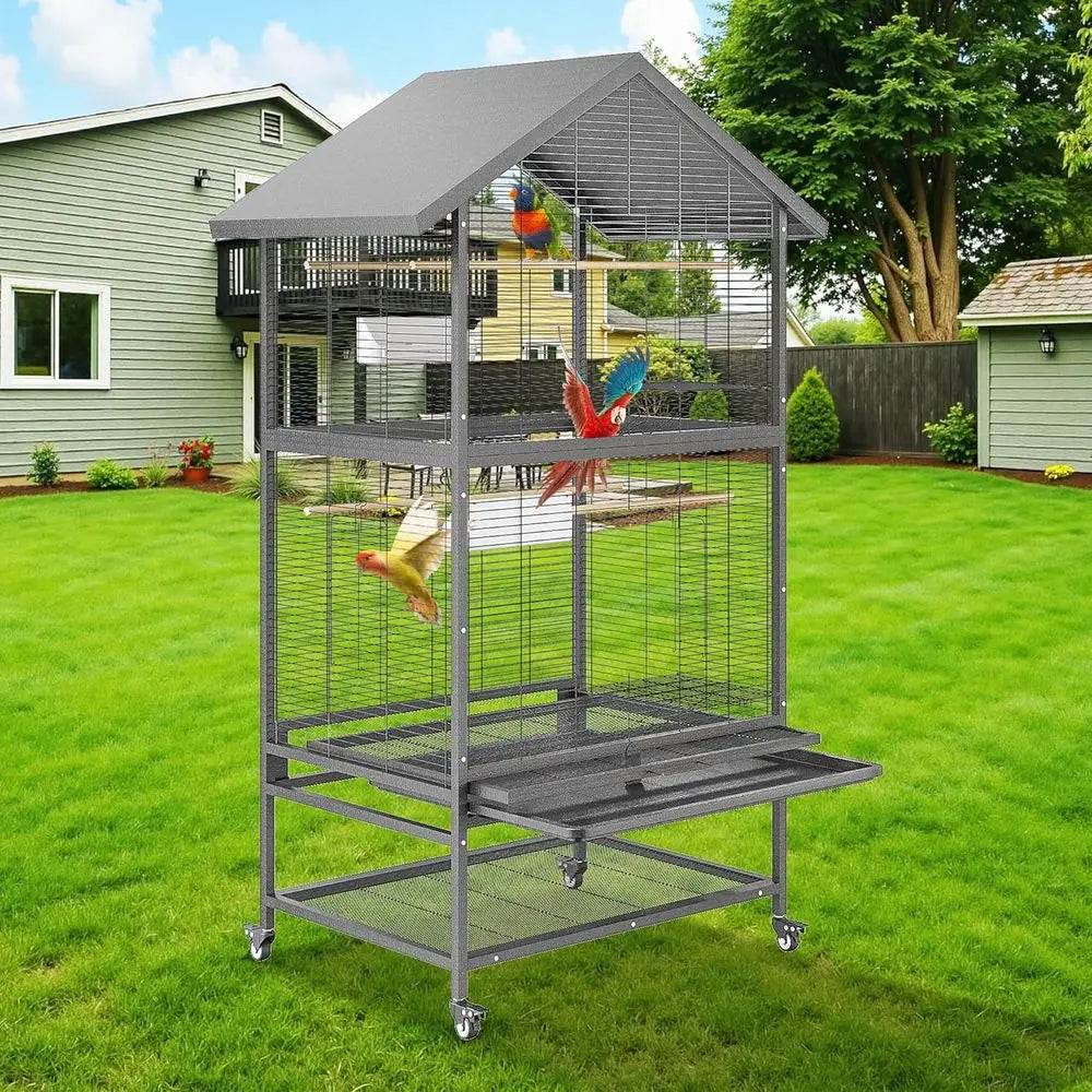 Large Wrought Steel Bird Cage with Pull-Out Tray, Lock, Feeding Bowl, Stand, and 360° Swivel Casters for Various Bird Species