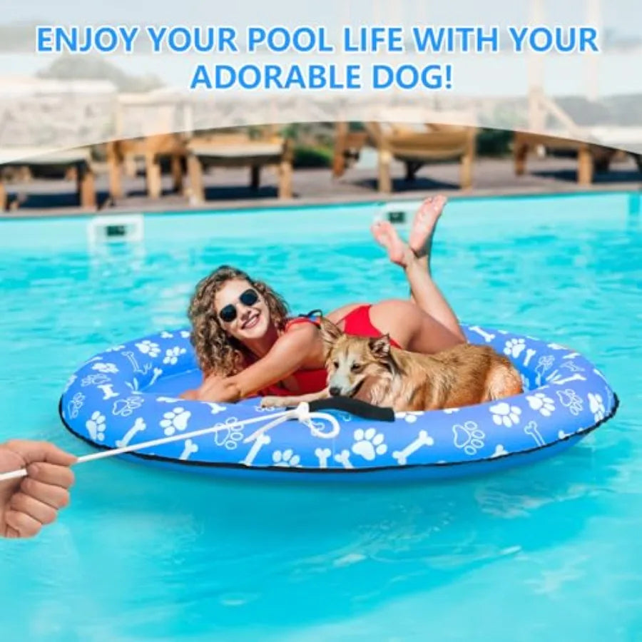 59'' x 39'' Inflatable Dog Pool Float with Rope - Tear Resistant Ox Material Blue Color Stable Support for Small Medium Large D