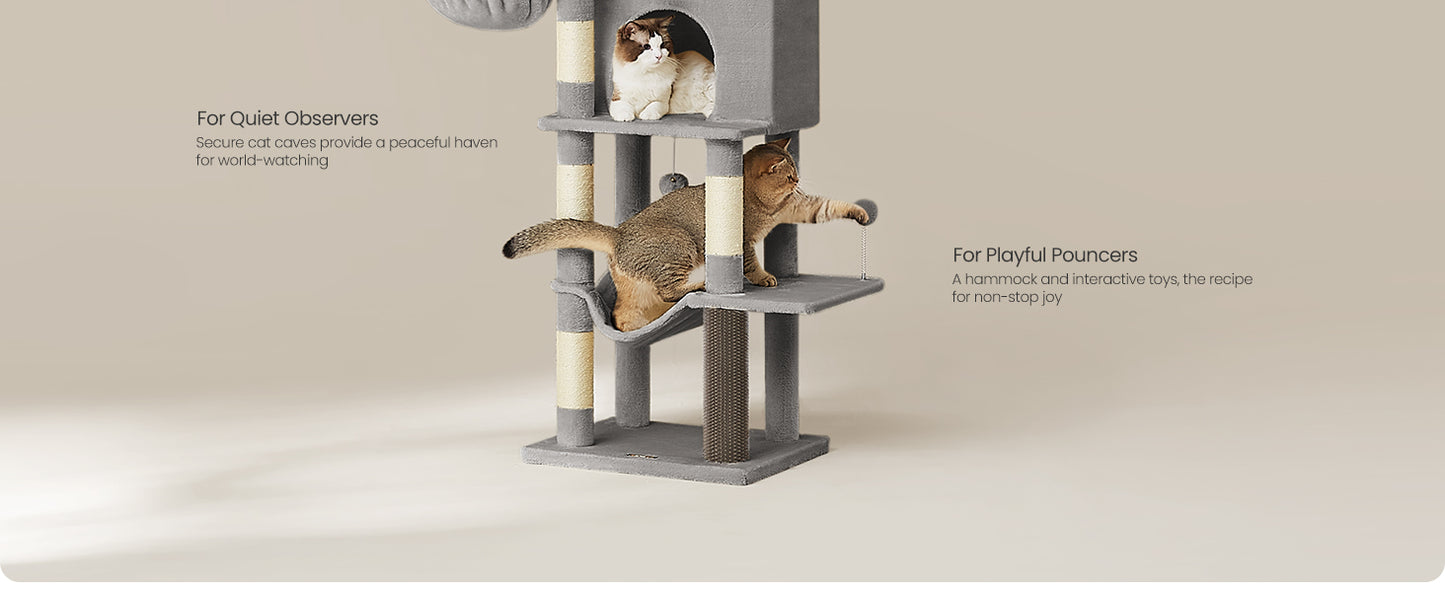 Feandrea Large Cat Tree, 175 cm Tall Cat Tower, Multi-Level Cat Condo with 2 Caves, 2 Baskets, 5 Scratching Posts