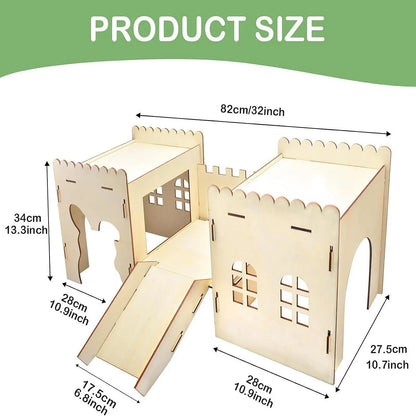 Wooden Bunny Hideout Castle Outdoor Ventilated Indoor Large Habitats Bed Hut for Bunny Chinchillas Gerbil Hamsters Playing