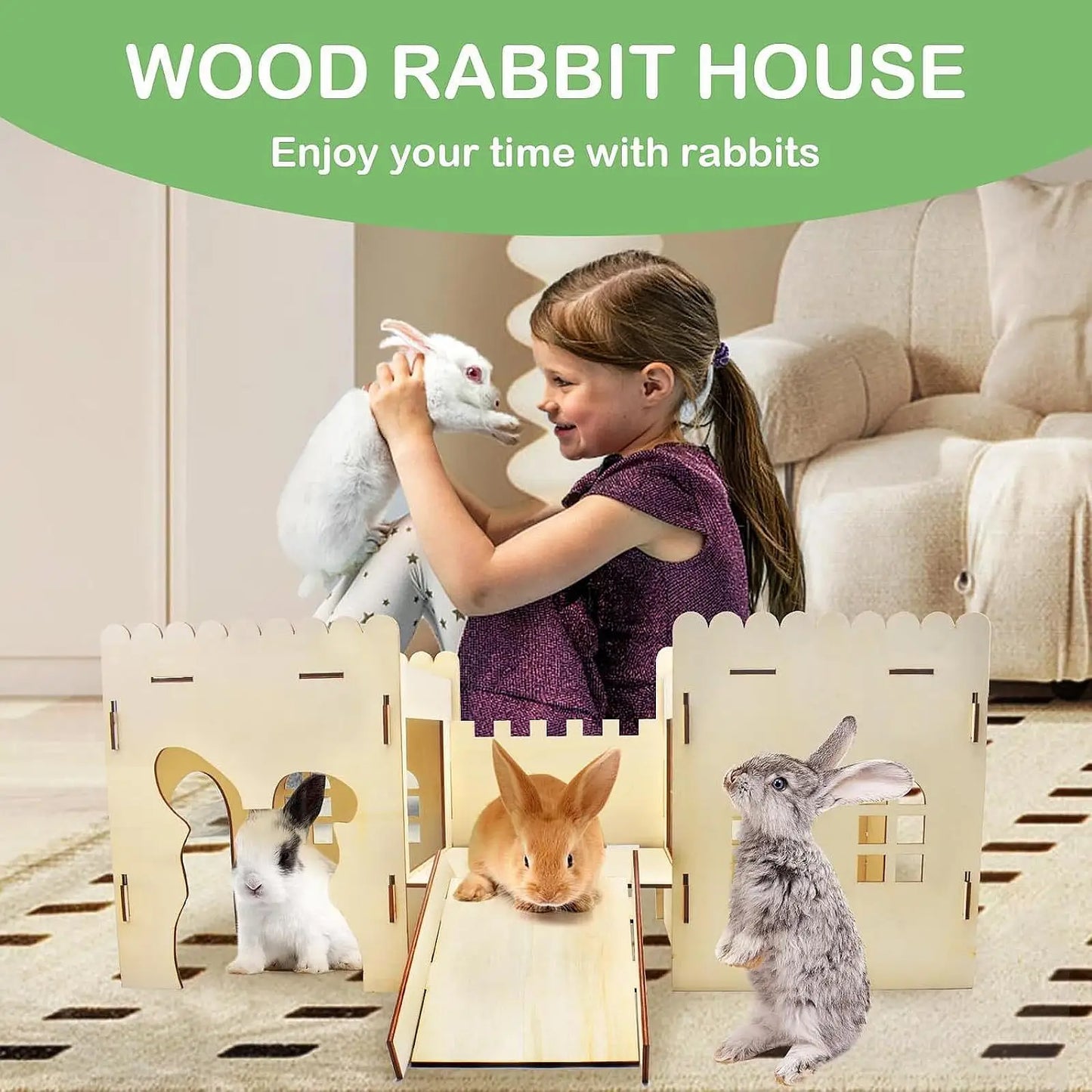 Wooden Bunny Hideout Castle Outdoor Ventilated Indoor Large Habitats Bed Hut for Bunny Chinchillas Gerbil Hamsters Playing