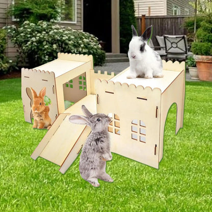 Wooden Bunny Hideout Castle Outdoor Ventilated Indoor Large Habitats Bed Hut for Bunny Chinchillas Gerbil Hamsters Playing