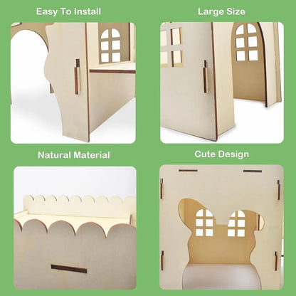 Wooden Bunny Hideout Castle Outdoor Ventilated Indoor Large Habitats Bed Hut for Bunny Chinchillas Gerbil Hamsters Playing