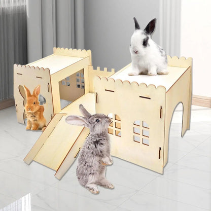 Wooden Bunny Hideout Castle Outdoor Ventilated Indoor Large Habitats Bed Hut for Bunny Chinchillas Gerbil Hamsters Playing