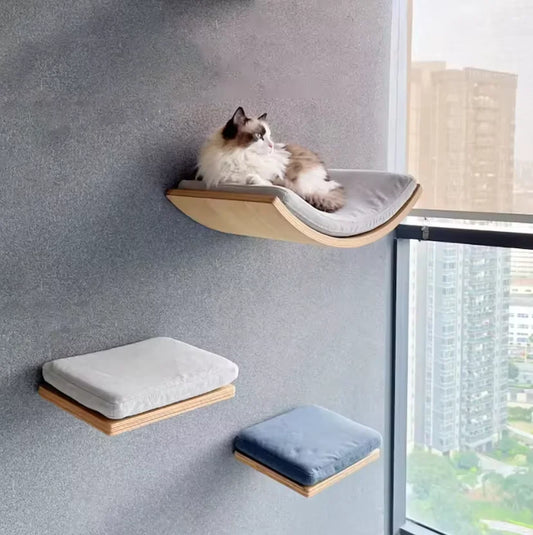 Wooden Cat Tree Tower Wall Mounted Cat Climbing Shelves Hammock Stairs House Cats Walk Playground Pet Furniture Accessories