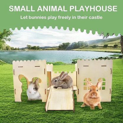 Wooden Bunny Hideout Castle Outdoor Ventilated Indoor Large Habitats Bed Hut for Bunny Chinchillas Gerbil Hamsters Playing