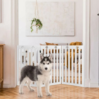 36-Inch DB Foldable Wooden Freestanding Pet Gate for Dogs and Cats 360° Flexible Hinge Retractable Safe with Animal Pattern