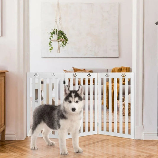 36-Inch DB Foldable Wooden Freestanding Pet Gate for Dogs and Cats 360° Flexible Hinge Retractable Safe with Animal Pattern