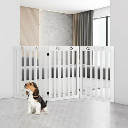 36-Inch DB Foldable Wooden Freestanding Pet Gate for Dogs and Cats 360° Flexible Hinge Retractable Safe with Animal Pattern