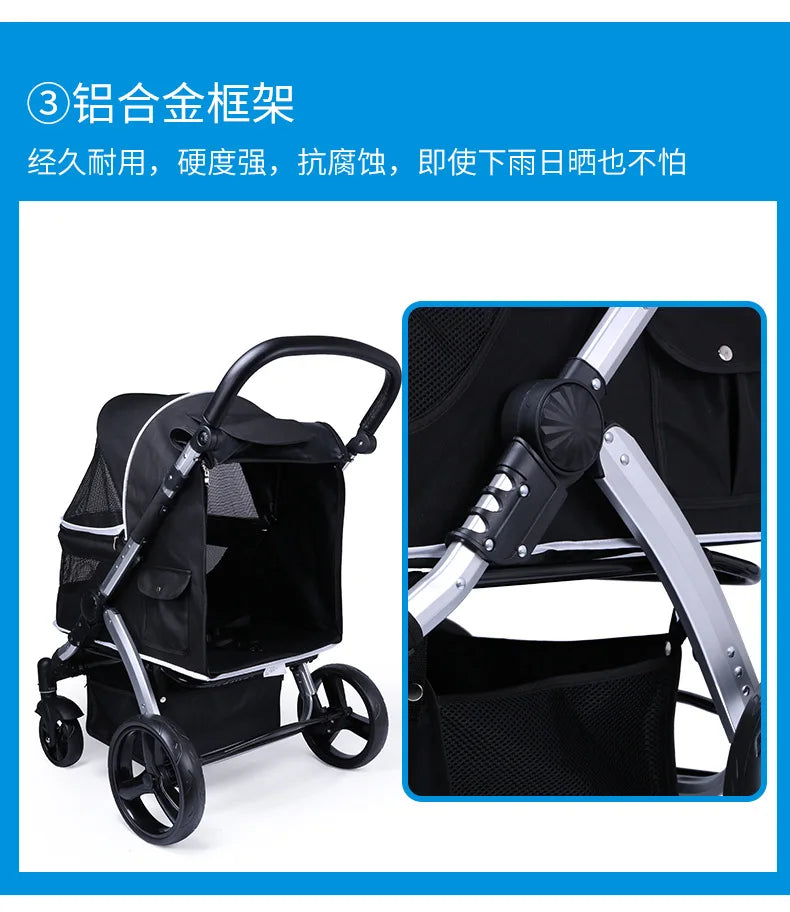 Foldable Large Four-Wheeled Pet Stroller Medium Size for Dogs Samo Golden Retriever Outing Dog Cart Comfortable Go out Stroller