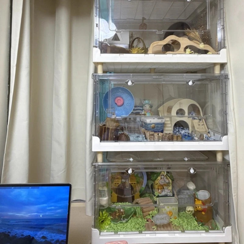 ‌Hamster Cage - Extra Large Acrylic Habitat for Syrian Hamsters, Foldable Transparent Cage with 3 Levels, Spacious Pet Home