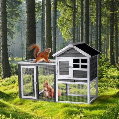 Wooden Rabbit Hutch Outdoor Chicken Coop Indoor Bunny Cage with Run, Guinea Pig House Pet House with Pull Out Upper Tray, Grey
