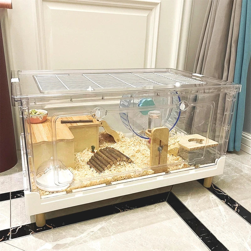 ‌Hamster Cage - Extra Large Acrylic Habitat for Syrian Hamsters, Foldable Transparent Cage with 3 Levels, Spacious Pet Home