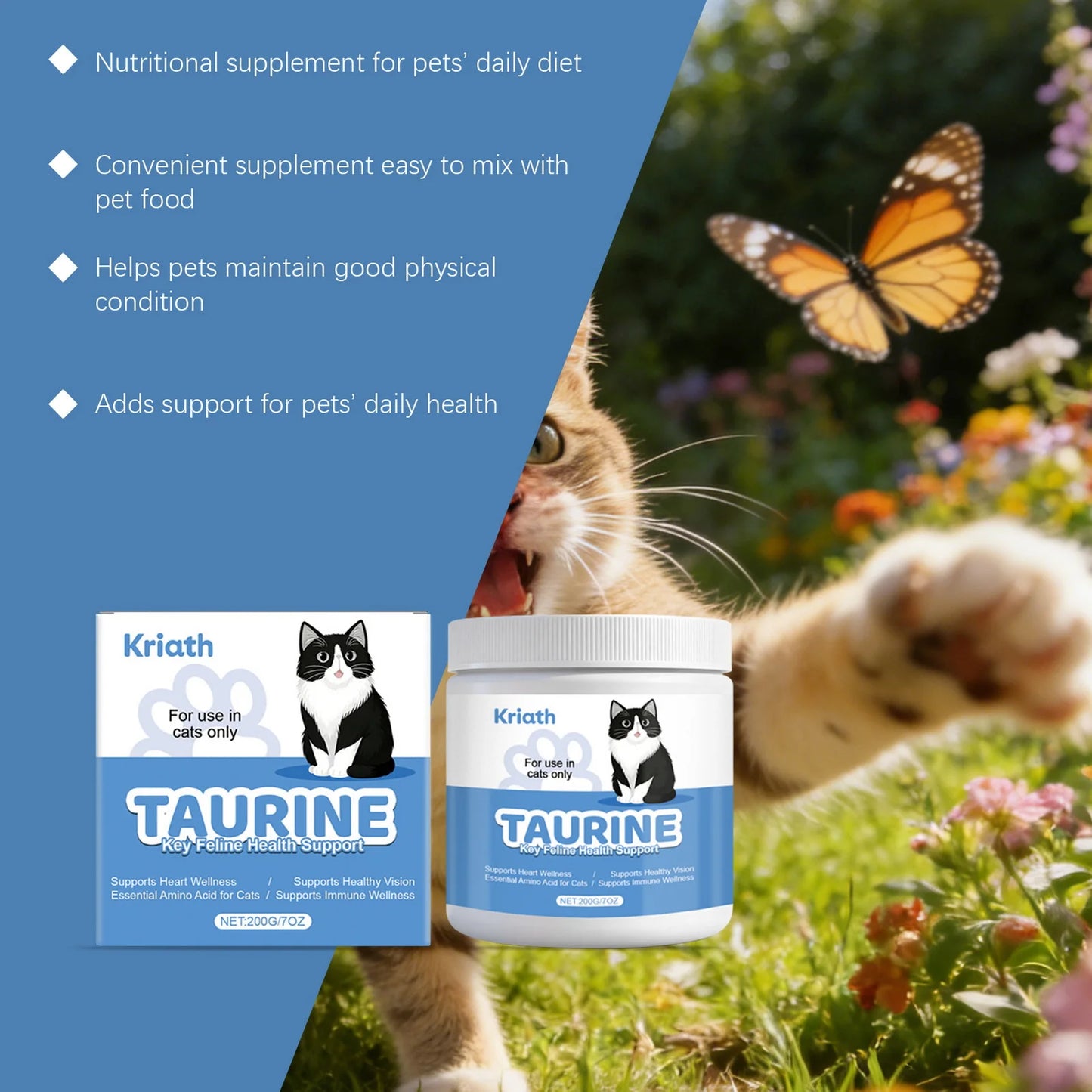 Taurine Powder for Cats Gentle Formula Supports Heart, Vision Overall Health Daily Care Supplement for Comfort and Well-Being