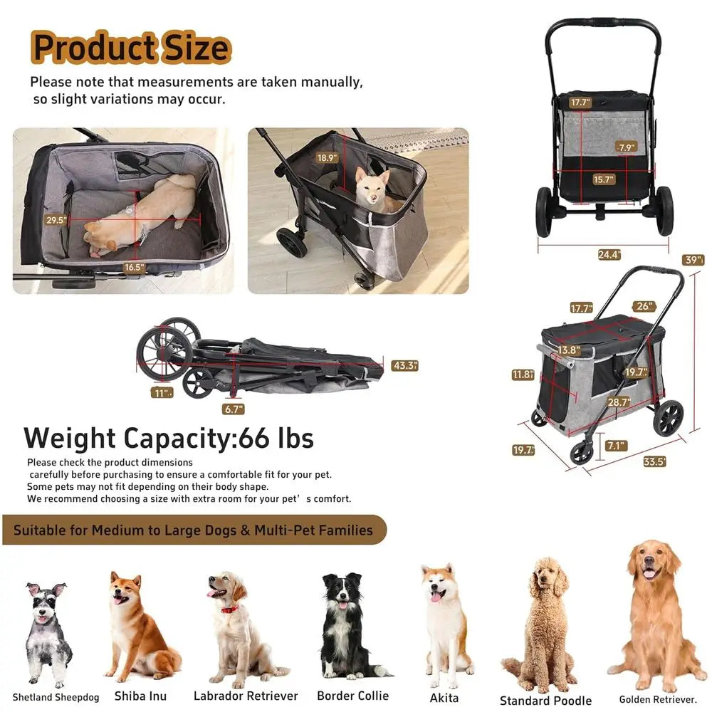 Multi-Pet Medium Dog Stroller, 4-Wheel, Holds 4 Dogs up to 40lbs, Folding, Smooth Tires, Sunshade & Storage (Gray)