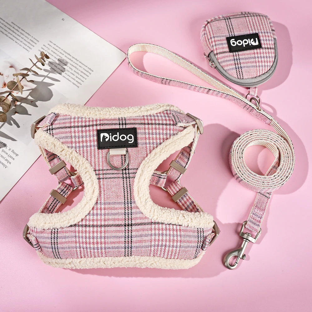 Breathable Dog Harness Leash Bag Set Winter Warm Dog Fur Harnesses Vest Pet Walking Rope With Garbage Bag for Small Medium Dogs