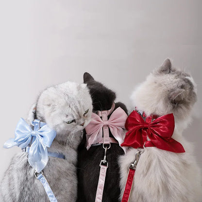 Cat Harness and Leash Set with Big Bow, Escape Proof Reflective Kitten Lead, Adjustable H-Type Vest for Walking, Cute Shiny