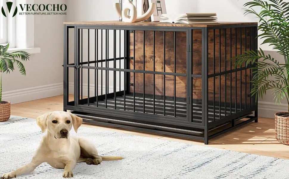 Dog Crate Furniture,Wooden Dog Kennel Indoor,Heavy Duty Dog Cage with Removable Tray, Dog House Double Doors Pet Crate Side