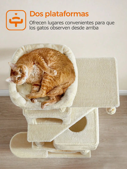 Feandrea 155cm Cat Tree: Indoor tower with 5 posts, 2 caves, hammock, 2 pompoms, Beige.