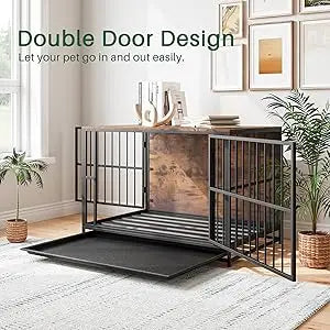 Dog Crate Furniture,Wooden Dog Kennel Indoor,Heavy Duty Dog Cage with Removable Tray, Dog House Double Doors Pet Crate Side