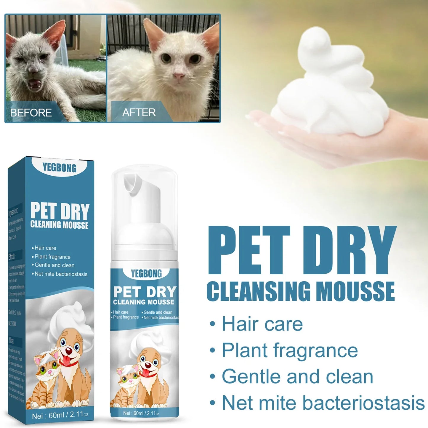 Cat Dry Shampoo No Rinse Dogs Cats Cleaning Mousse Rinse Free Pet Shampoo Bathless Cleaning Odor Removal For A Fresh Smelling