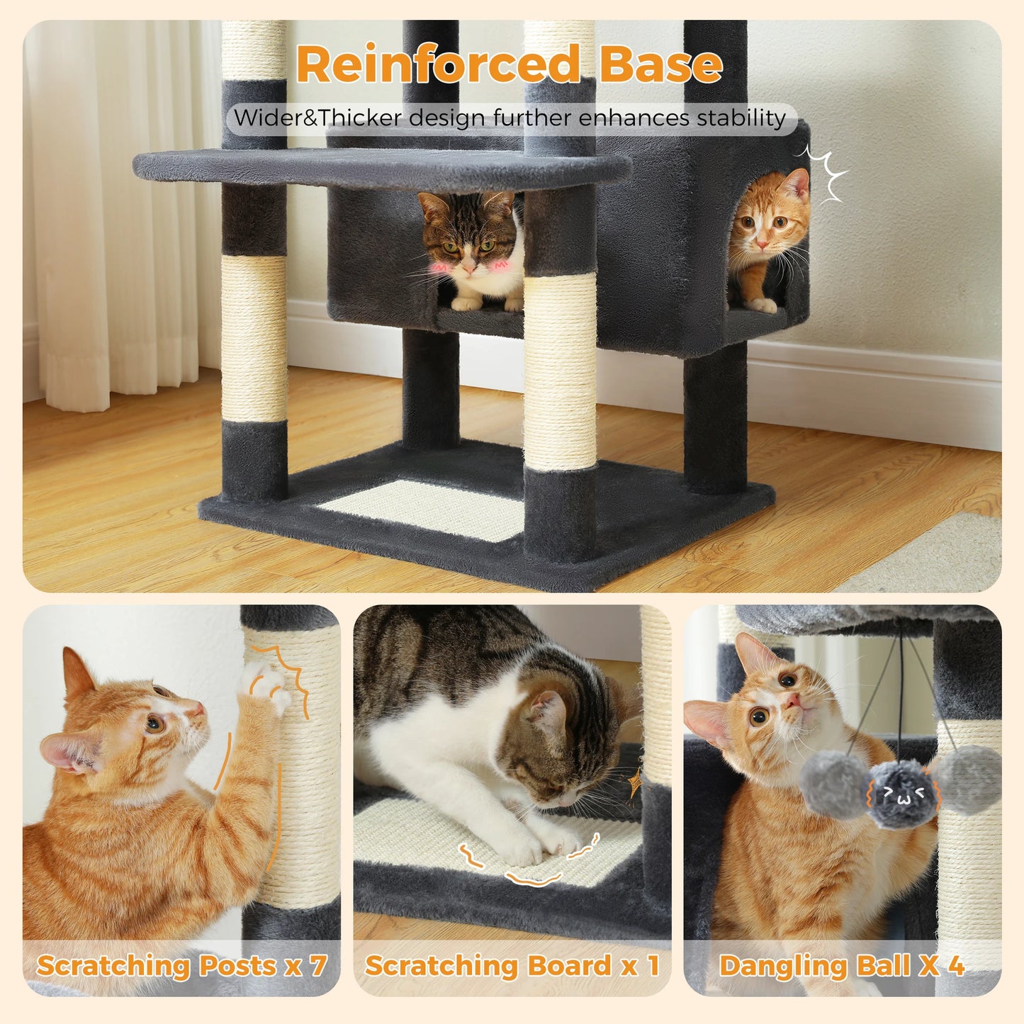 Multi-Level Cat Tree Tower with Scratching Posts&Board, Hammock, Cat Condo, Spacious Top Perch,Dangling Balls for Indoor Cats