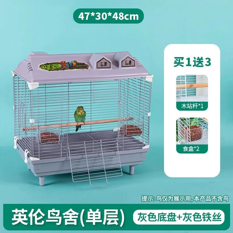 Birdcage for Budgerigars - Large Villa-Style British-Inspired Metal Display Cage with Horizontal Wire Base for Parakeets