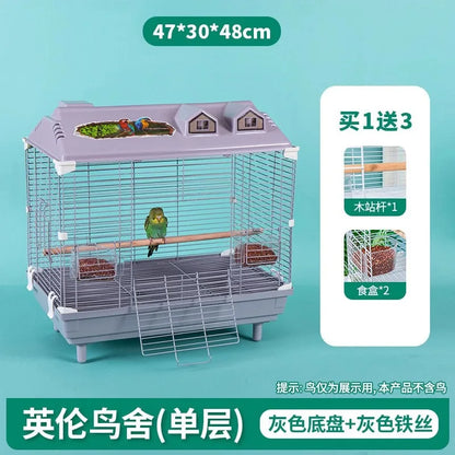 Birdcage for Budgerigars - Large Villa-Style British-Inspired Metal Display Cage with Horizontal Wire Base for Parakeets
