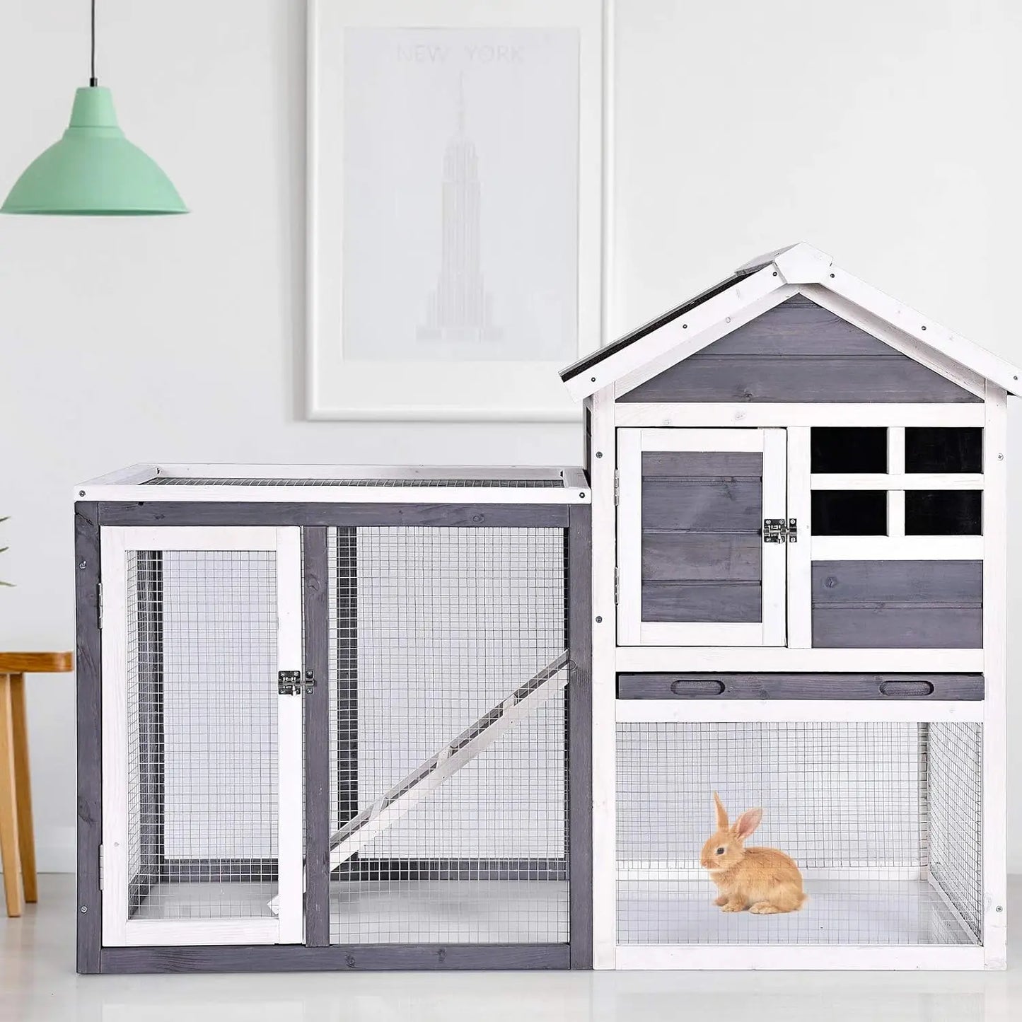 Rabbit Hutch, Indoor Outdoor Bunny Cage with Run, Wooden Rabbit Cage with Waterproof Roof & Pull Out Tray, Chicken Coop Pet