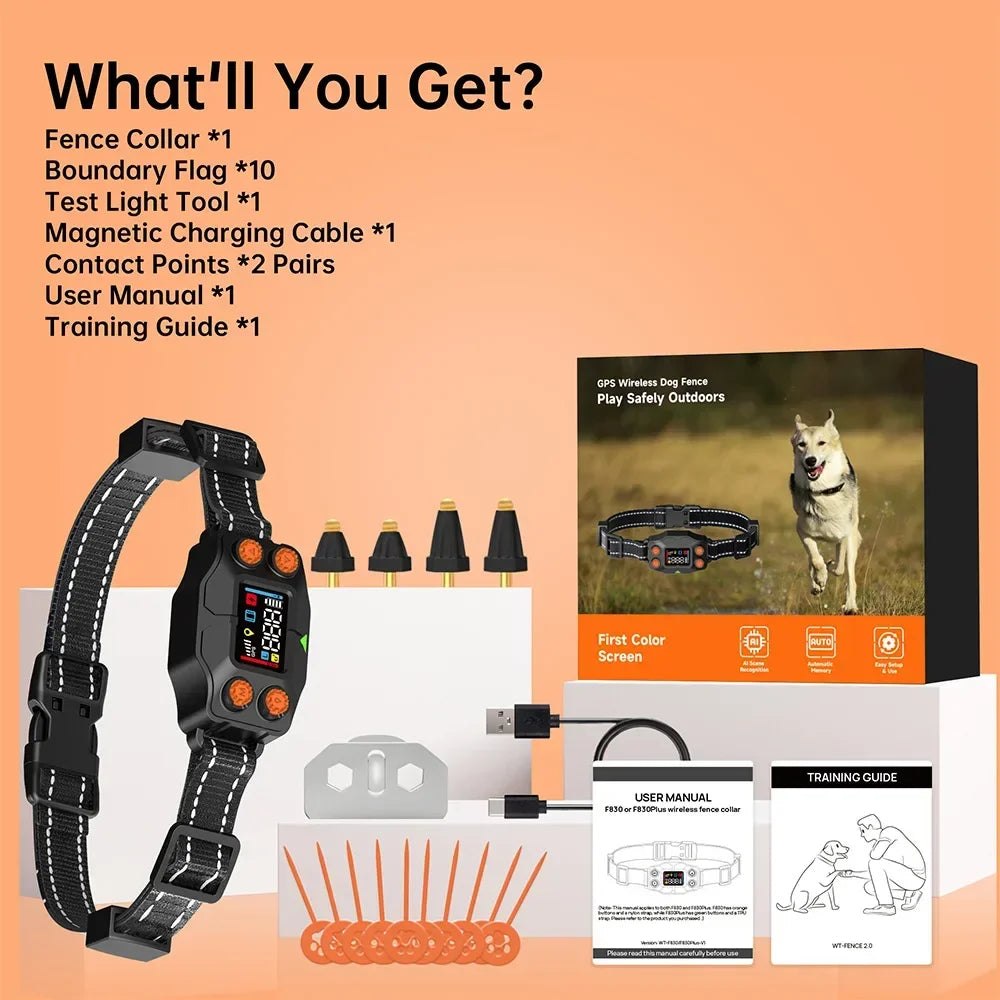 New Upgrade Smart GPS Wireless Dog Fence, Pet Training Collar,Electronic Fence,Invisible Virtual Outdoor Waterproof OLED Screen