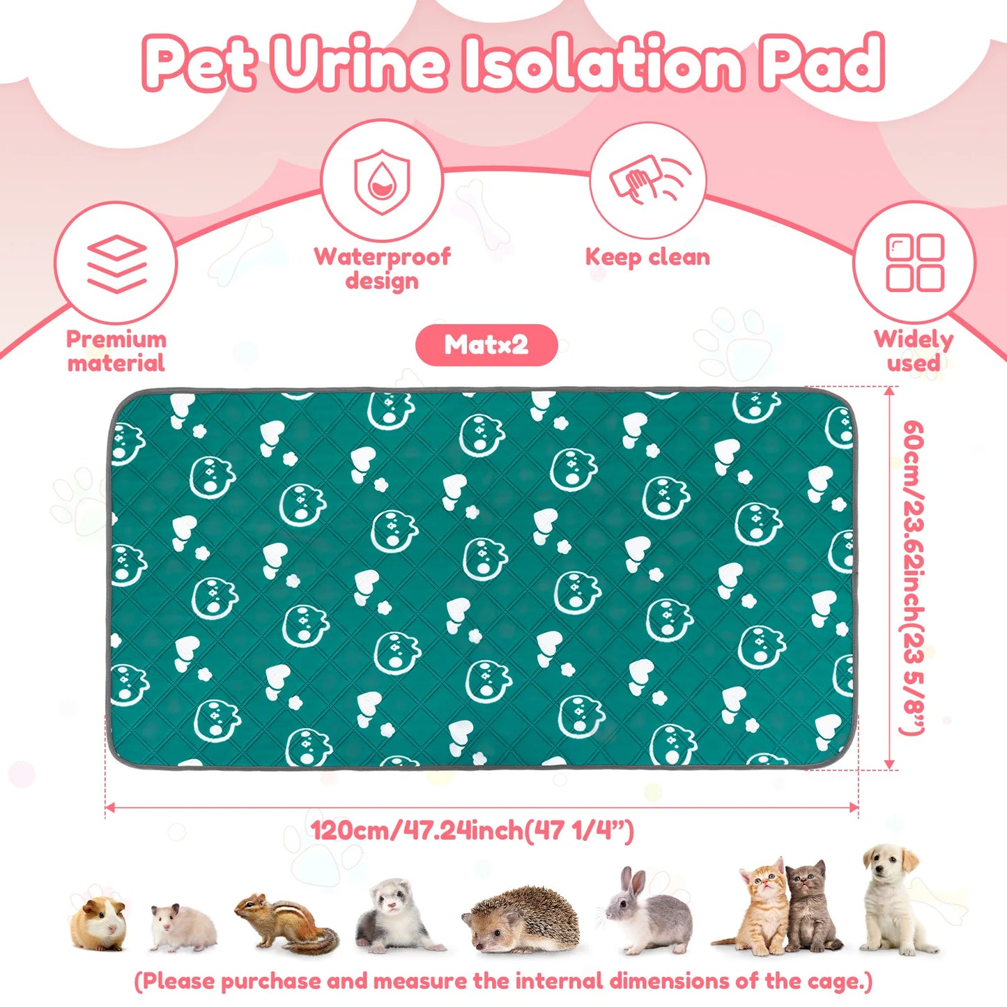 2Pcs Guinea Pig Cage Liner Washable Rabbit Absorbent Mat Reusable Hamster Pee Pad Anti-Slip for Pet Guinea Pig Rabbit Hedgehog