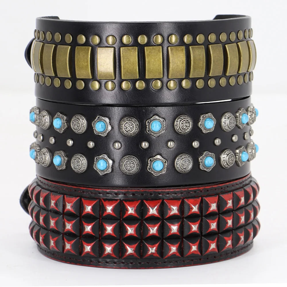 Luxurious Dog Real Leather Collar Cool Spiked Studded Pet Collars Jeweled Leather Dogs Collars Necklace For Pet Show Bulldog