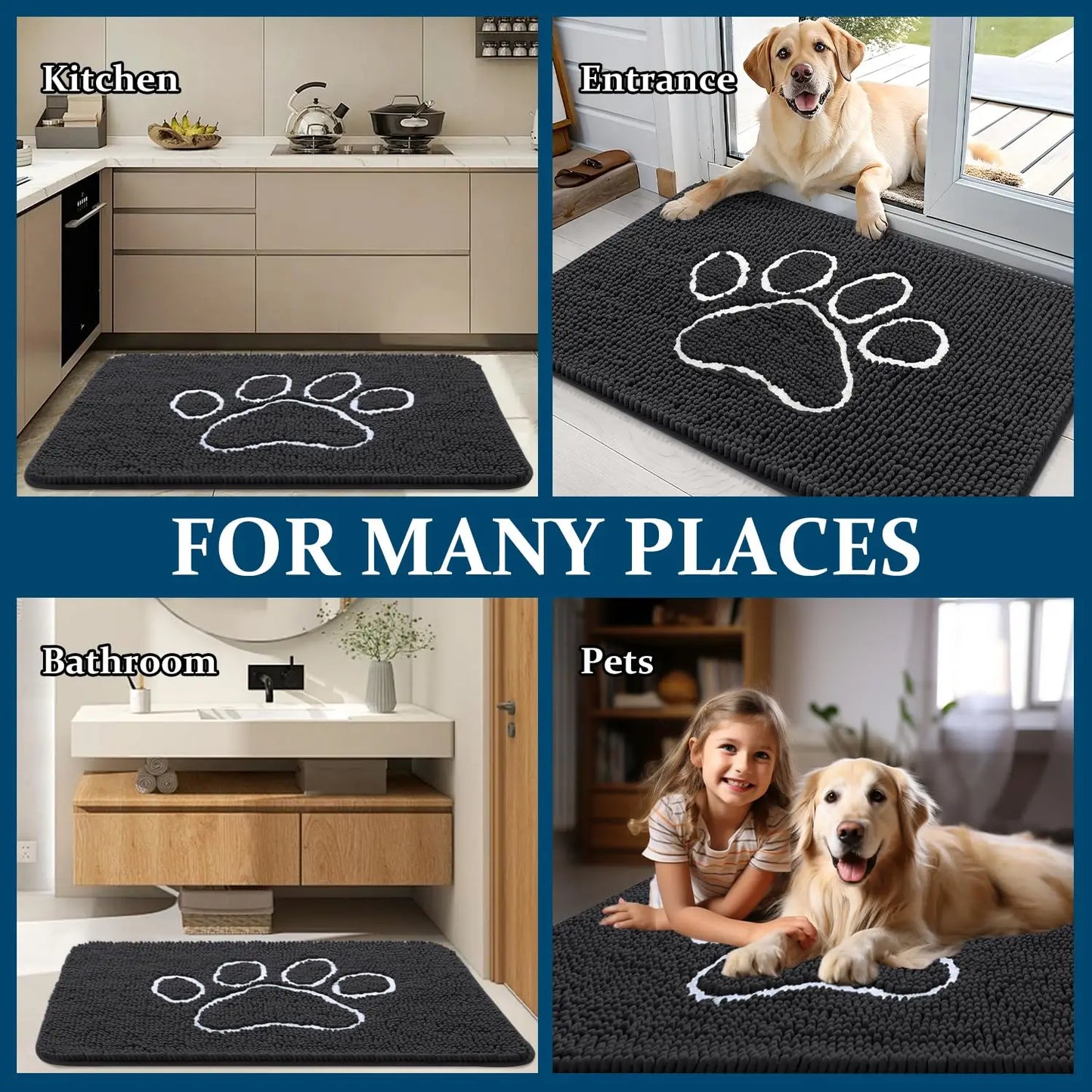 Kitinjoy Ultra Absorbent Chenille Mud Doormat With Paw Print Design Non-Slip Quick-Dry Washable Mats Door Mat for Muddy Dog Paws