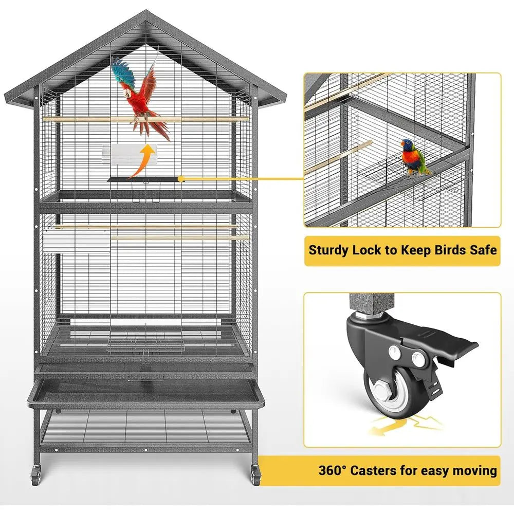 Large Wrought Steel Bird Cage with Pull-Out Tray, Lock, Feeding Bowl, Stand, and 360° Swivel Casters for Various Bird Species