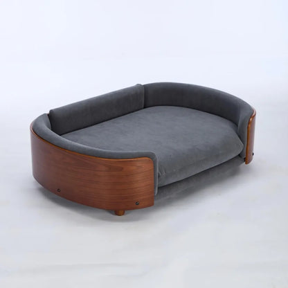 Large Velvet Scandinavian Style Elevated Dog Sofa Bed with Solid Wood Legs and Walnut Bent Wood Back, Perfect for Your Pet's Com