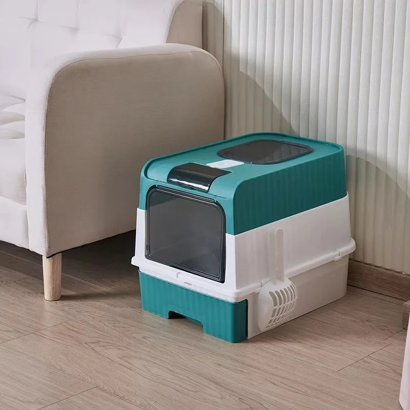 Enclosed Cat Litter Box Extra Large Anti Odor Anti Spill With Transparent Door Covered Cat Toilet Pet Cleaning Products For Cats