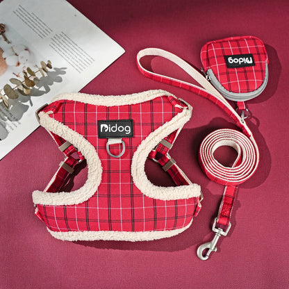 Breathable Dog Harness Leash Bag Set Winter Warm Dog Fur Harnesses Vest Pet Walking Rope With Garbage Bag for Small Medium Dogs