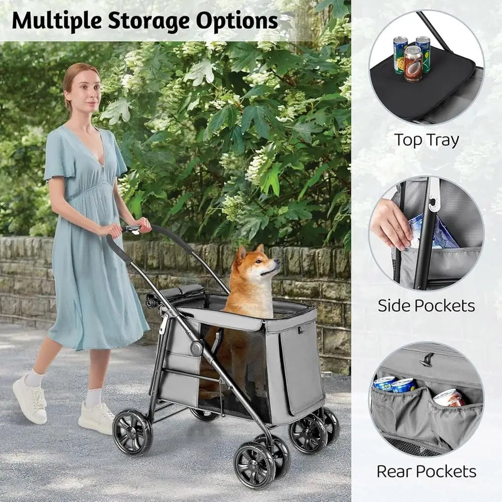 Multi-Entrance Pet Stroller with 4 Shock-Absorbing Wheels, Side Pockets, Safety Strap for Dogs and Cats