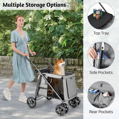 Multi-Entrance Pet Stroller with 4 Shock-Absorbing Wheels, Side Pockets, Safety Strap for Dogs and Cats