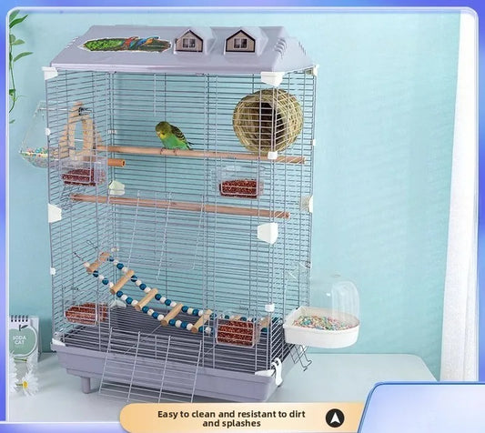 Birdcage for Budgerigars - Large Villa-Style British-Inspired Metal Display Cage with Horizontal Wire Base for Parakeets