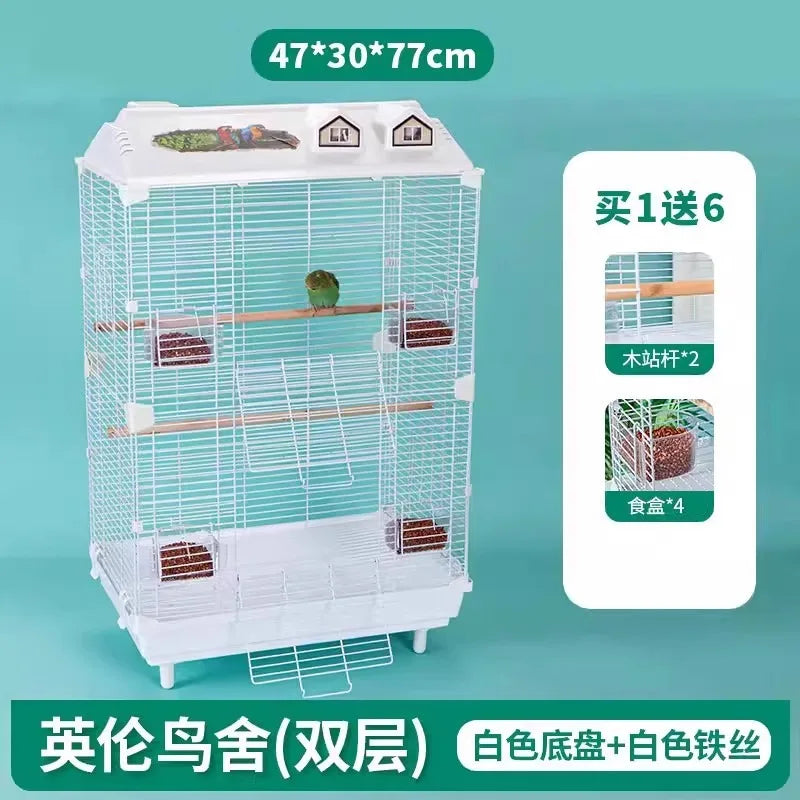Birdcage for Budgerigars - Large Villa-Style British-Inspired Metal Display Cage with Horizontal Wire Base for Parakeets