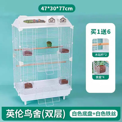 Birdcage for Budgerigars - Large Villa-Style British-Inspired Metal Display Cage with Horizontal Wire Base for Parakeets